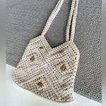 Vintage Ivory Crochet Wood Bead Detail Woven Cotton Lined Satchel Purse Handmade Tan Photo 8