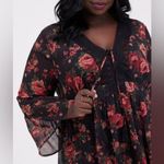 Torrid  Babydoll Chiffon Lurex Crochet Lace-Up Sheer Blouse, Black Red Floral, 1X Photo 5