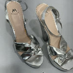 Shoedazzle Womans Madison By Shoe Dazzle 9.5 M Silver Strappy Platform Snake Print Heels Photo 0