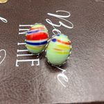 Vintage West Germany Mint Green Striped Glass Cabochon Stainless Steel Earrings Photo 4