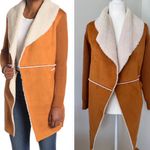 CoffeeShop NY Women Open Front Sherpa Cardigan Mustard Faux Suede Knit SleevesXS Orange Size XS Photo 1