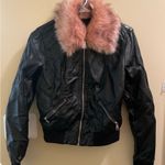 Ci Sono Black Faux Leather Jacket Pink Fur Collar Biker Moto Women’s Small Photo 0