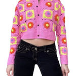 Crochet Floral Knit Cardigan Y2K Pink Size M Photo 0