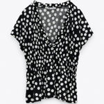 ZARA plunging v neck black and white polka dot print Top Size Medium Photo 0