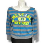 American Eagle  Womens Sweatshirt Pullover Boat Neck Striped Gray Blue Yellow Y2K Photo 0
