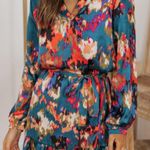 NEW Deep Turquoise Abstract Multicolor Print Belted Ruffle Satin Mini Dress Size XL Photo 7