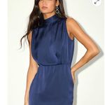 NWOT Lulus Classic Elegance Navy Satin Sleeveless Mock Neck Mini Dress Size M Blue Size M Photo 3
