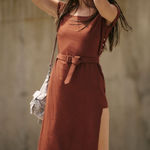 Free People NWT  free-est Trop Belle Midi Dress Honey Bronze Belted Small $98MSRP Photo 0
