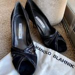 Manolo Blahnik Black Suede Perforated Leather Trim Peep Toe Heels Pumps 9 Photo 1