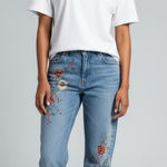 Floral Embroidered Straight Leg Jeans Blue Size 8 Photo 0