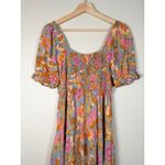 Womens Smocked Floral Maxi Dress Square Neck Puff Sleeve Boho Retro Flowy Blue Size M Photo 3