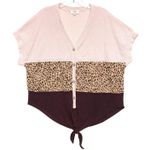 Umgee Front Tie Shirt Top S Leopard Animal Print Color Block Waffle Boho Hippie Photo 0