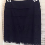 DKNY Black Wool Tiered Pencil Skirt Lace Overlay Size 10 Lined Cocktail Career Photo 0