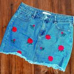 PacSun Women’s Size 28 Embroidered Medium Wash Denim Mini Skirt • Raw Edge Hem Photo 1