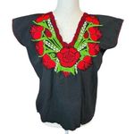 Mexican floral embroidered rose vintage red embellished blouse folk art boho Black Size M Photo 0