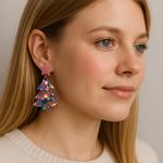 Multicolor Glitter Christmas Tree Earrings – Holiday Statement Jewelry Pink Photo 0