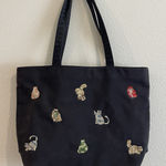 Vintage Tote Bag Black W/Embroidered Cats And Change Purse Animal Print Photo 0