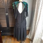 Casadei 1980s Black Ruched Turquoise Sequined Gatsby Deco Flapper Dress Cape 12 Photo 6