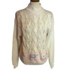 Vintage 80s Hand Knit Turtleneck Sweater | Cream Cable Knit Cottagecore Size M Photo 1