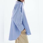 ZARA  blue oversized satin effect button down shirt women’s size XS Photo 2
