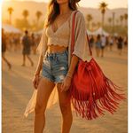 Vintage Dolce Vita Orange Leather Fringe Bucket Backpack Boho Western Festival Photo 0