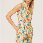 Rachel Antonoff Kitty Strawberry Fruit Print Sleeveless Collared Linen Romper 0 Yellow Photo 1