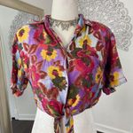 Vintage 90s 1991 Colorful Boho Hippie Floral Flower Front Tie Crop Top Blouse S Photo 1