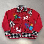 Vtg‎ Y2K Christmas Shopping Terrier Dog Knit Houndstooth Sweater Cardigan Sz L Red Size L Photo 0