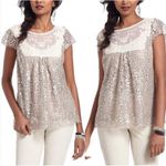 HD in Paris Anthropologie Lace Top Short Sleeve metallic tan 8 boho cottage Y2K Photo 1