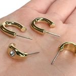 Shiny Gold Tone Huggie Hoops Rhinestone Pierced Earrings Set Photo 3