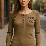 Harley Davidson Army Green Ribbed Thermal Henley Biker Top Vintage Size S Photo 0