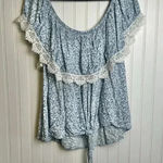 Miss Lili  Blue Floral Off Shoulder Blouse Front Knot, Lace Detail D46 Photo 0