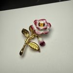 Pink & White Porcelain Rose Bud Flower Stem Brooch Pin Gold Tone Signed CR Photo 10
