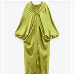 ZARA Green Satin 3/4 Dolman Sleeve Tapered Back Tie V Line High Neck Dress NWT Photo 2