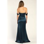 Lulus NWOT  Stunning Arrival Dark Teal Satin Off-The-Shoulder Maxi Dress Size L Photo 3