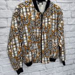 Notations Womens Silk Bomber Jacket Size M White Houndstooth Gold Baroque Swirl Photo 1