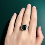 Solitaire Square Emerald Cut Ring,  White Zircon Stone Halo Ring Green Gemstone Photo 4