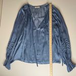 Ramy Brook  Blake Blouse Medium Steel Blue Chevron Pleated Ethereal Peasant Flowy Photo 11