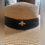 WOMENS WOVEN GOLD BEE STRAW BOATERS HAT, WIDE BRIM, LIGHTWEIGHT, FLAT TOP; OS Black Photo 1