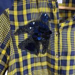 H&M Yellow Navy Plaid Button Down Shirt with Sequin Bird Size 4 100% Viscose Photo 6