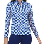 IBKUL Gingham Check Long Sleeve Mock Neck Top Golf Active UPF 50+ Size Large Blue Photo 0