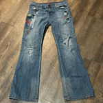 Jessica Simpson  Low Rise JeansY2K Fray Flare Floral Painted‎ Denim Women's 8 Photo 0