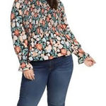 Gibson Smocked Mock Neck Floral Long Sleeve Peplum Blouse XS Black Coral Blue Photo 0
