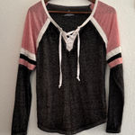 Bobbie Brooks Pink Black Lace Up Long Sleeve Top Medium Casual Pullover Shirt Photo 0