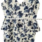En Saison A Sight To See Peplum Midi Dress Womens L Navy Blue Floral Jacquard White Size L Photo 12