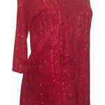 Pretty Red on Red Tie Dye Popover Top Sequin Embellishment Silky 3/4 Sleeve Photo 0