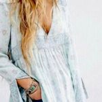 Free People  Rolling Hills Green & White Bell Sleeve V-Neck Blouse with Keyhole Photo 0