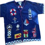 Quacker Factory Vintage women's coastal gram nautical knit cardigan sweater size large navy blue Photo 0