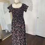 Boho Floral Print Off Shoulder Shirred Slit Thigh Midi Maxi Dress L Black Size L Photo 4