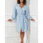 Karen Kane sz M Womens Soft Denim 100% Tencel Blue Faux Wrap Puff Sleeve Dress Photo 1